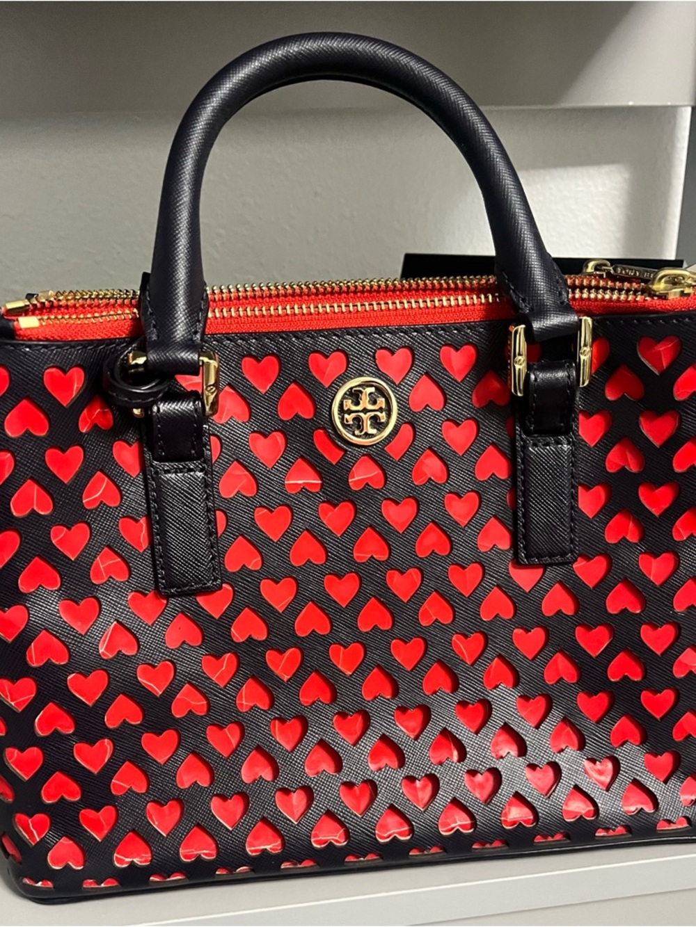 Tory Burch Black Tote with Red Heart Cutouts - Picture 11 of 15